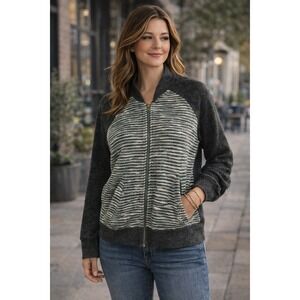 Lucky Brand Women's XL Striped Zip-Up Knit Jacket Sweater Full Zip Pockets